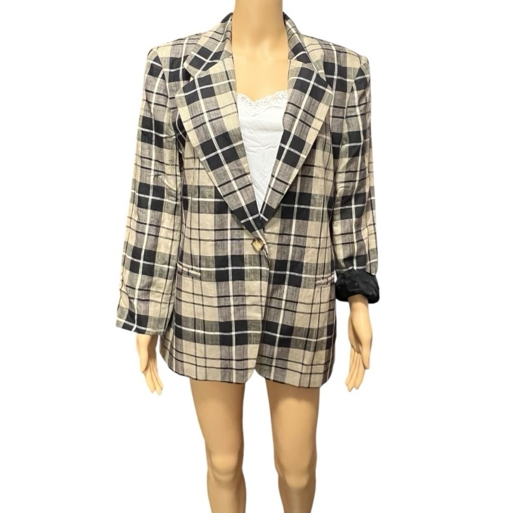 Jones NY Petite Black & Tan Jacket Blazer with Pockets Lined Linen Blend Size 14